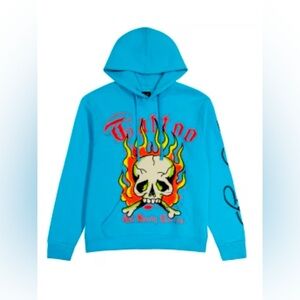 Ed Hardy Hoodie Light blue Flaming Skull Tattoo Size Medium